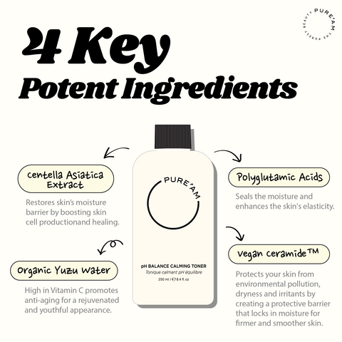 Pure'AM pH balance calming toner bottle with label, designed to soothe and hydrate skin.